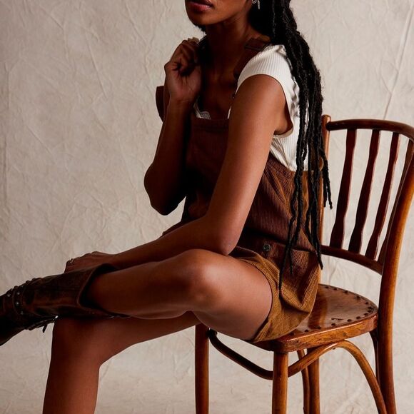 Free People Overall Smock Mini Corduroy Top Mini Dress Bronze Brown S - Picture 10 of 10